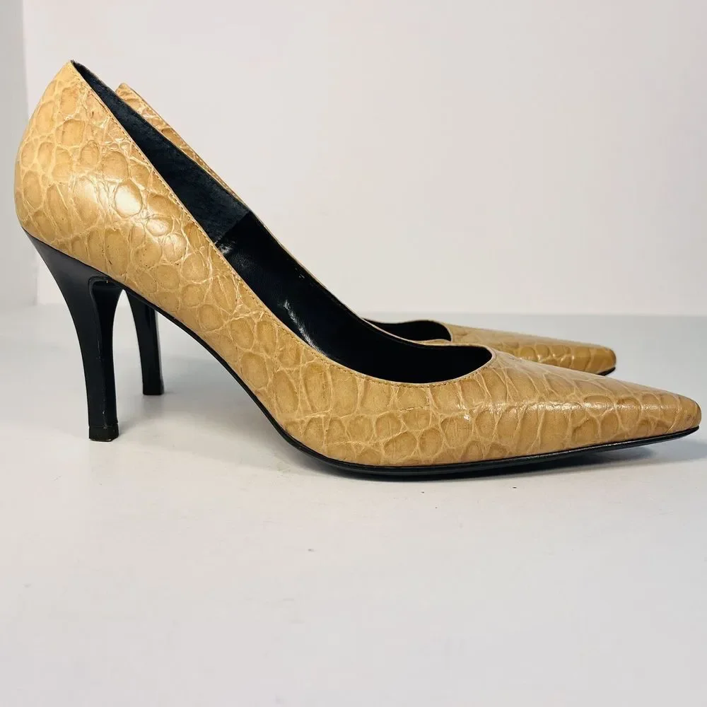 GIANNI BINI Tan Camel Yellow Crocodile Croc Alligator Leather Kitten Heels 6.5 M
